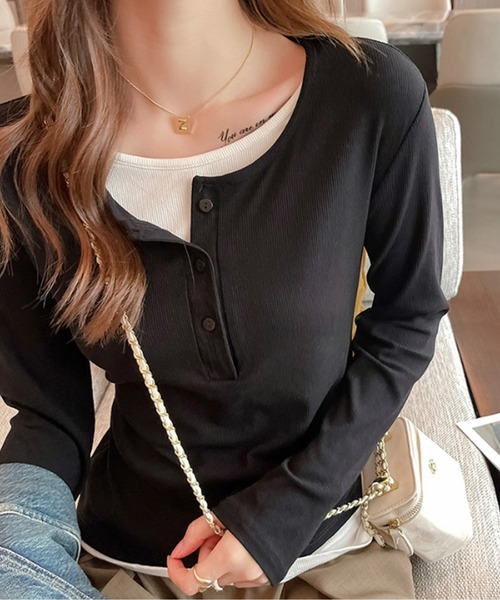 Lace Ladies(レースレディース)の「ヘンリーネック フェイクレイヤード リブ ニット プルオーバー(Tシャツ/カットソー・レディース・グレー/ブラック・M/XL)」の5枚目の写真