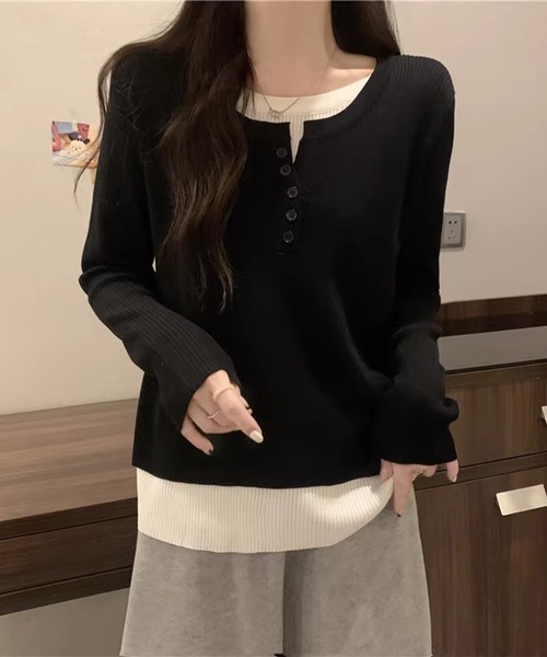 Lace Ladies(レースレディース)の「ヘンリーネック フェイクレイヤード リブ ニット プルオーバー(Tシャツ/カットソー・レディース・グレー/ブラック・M/XL)」の6枚目の写真