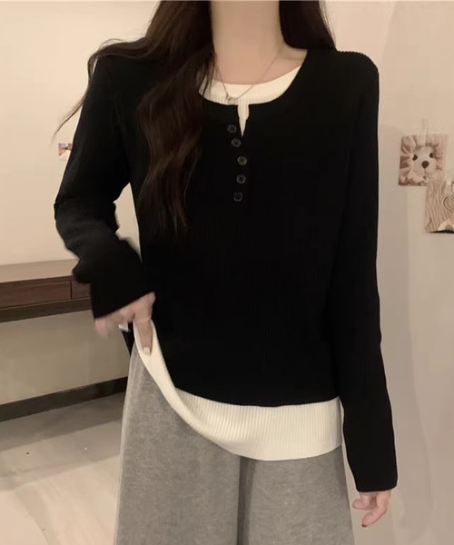 Lace Ladies(レースレディース)の「ヘンリーネック フェイクレイヤード リブ ニット プルオーバー(Tシャツ/カットソー・レディース・グレー/ブラック・M/XL)」の7枚目の写真