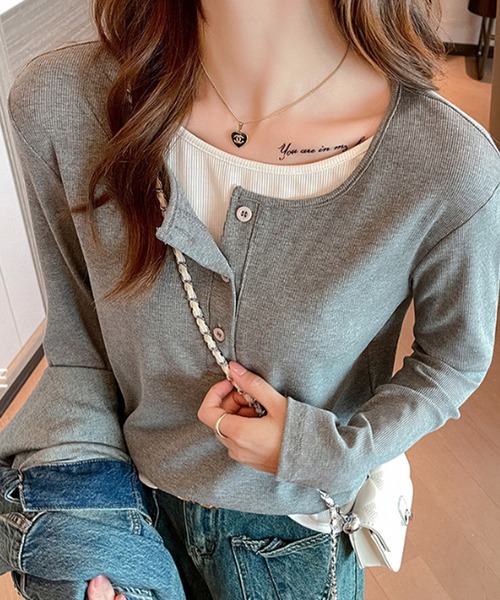 Lace Ladies(レースレディース)の「ヘンリーネック フェイクレイヤード リブ ニット プルオーバー(Tシャツ/カットソー・レディース・グレー/ブラック・M/XL)」の8枚目の写真