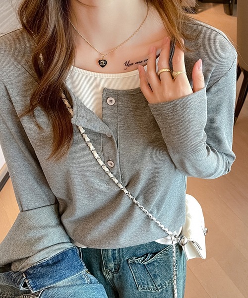 Lace Ladies(レースレディース)の「ヘンリーネック フェイクレイヤード リブ ニット プルオーバー(Tシャツ/カットソー・レディース・グレー/ブラック・M/XL)」の9枚目の写真