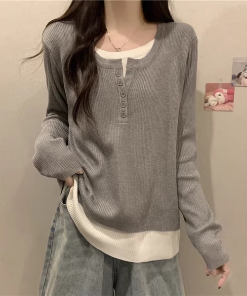 Lace Ladies(レースレディース)の「ヘンリーネック フェイクレイヤード リブ ニット プルオーバー(Tシャツ/カットソー・レディース・グレー/ブラック・M/XL)」の10枚目の写真