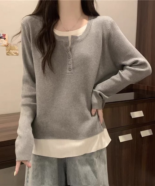 Lace Ladies(レースレディース)の「ヘンリーネック フェイクレイヤード リブ ニット プルオーバー(Tシャツ/カットソー・レディース・グレー/ブラック・M/XL)」の11枚目の写真