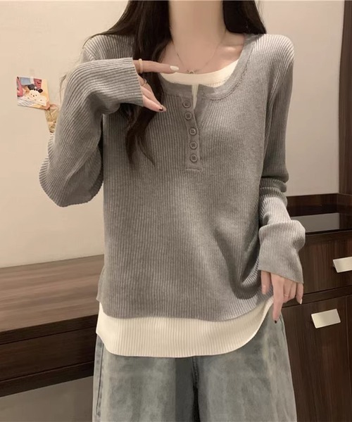 Lace Ladies(レースレディース)の「ヘンリーネック フェイクレイヤード リブ ニット プルオーバー(Tシャツ/カットソー・レディース・グレー/ブラック・M/XL)」の12枚目の写真