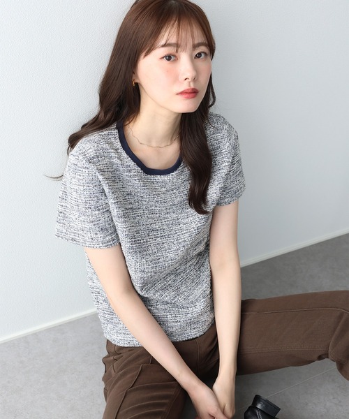 BLUEEAST(ブルーイースト)の「《新色追加》ツイードTシャツ(Tシャツ/カットソー・レディース・グレー/ブルー/ブラック/ブラウン/ネイビー/ベージュ・MEDIUM)」の5枚目の写真