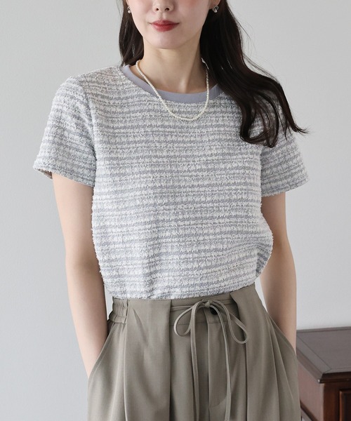 BLUEEAST(ブルーイースト)の「《新色追加》ツイードTシャツ(Tシャツ/カットソー・レディース・グレー/ブルー/ブラック/ブラウン/ネイビー/ベージュ・MEDIUM)」の1枚目の写真