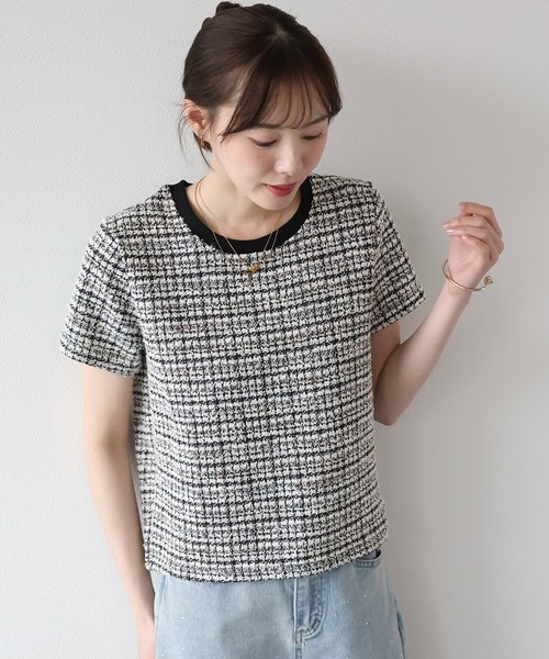 BLUEEAST(ブルーイースト)の「《新色追加》ツイードTシャツ(Tシャツ/カットソー・レディース・グレー/ブルー/ブラック/ブラウン/ネイビー/ベージュ・MEDIUM)」の2枚目の写真