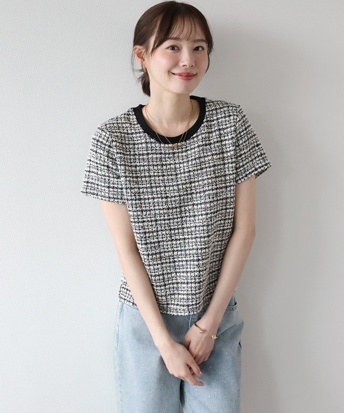 BLUEEAST(ブルーイースト)の「《新色追加》ツイードTシャツ(Tシャツ/カットソー・レディース・グレー/ブルー/ブラック/ブラウン/ネイビー/ベージュ・MEDIUM)」の9枚目の写真