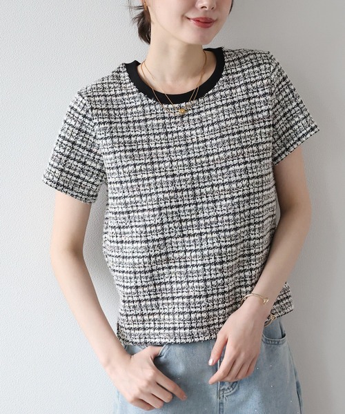 BLUEEAST(ブルーイースト)の「《新色追加》ツイードTシャツ(Tシャツ/カットソー・レディース・グレー/ブルー/ブラック/ブラウン/ネイビー/ベージュ・MEDIUM)」の10枚目の写真