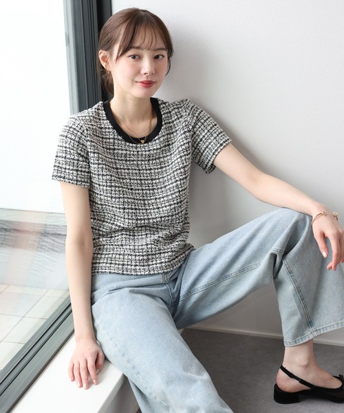 BLUEEAST(ブルーイースト)の「《新色追加》ツイードTシャツ(Tシャツ/カットソー・レディース・グレー/ブルー/ブラック/ブラウン/ネイビー/ベージュ・MEDIUM)」の12枚目の写真