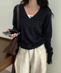 LAFFMO | 袖ボタンVネックリブニットプルオーバー(Tシャツ/カットソー)
