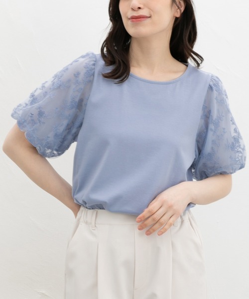 Honeys(ハニーズ)の「【ハニさら・接触冷感・UVカット・遮熱】袖刺繍トップス(Tシャツ/カットソー・レディース・ホワイト/サックスブルー/ブラック/クリーム・3L/L/LL/M/S)」の11枚目の写真