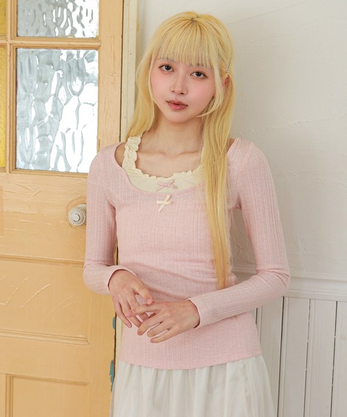 LiLIN(リリン)の「ダブル リボン フェイクレイヤード フリル プルオーバー(Tシャツ/カットソー・レディース・ブラウン/ピンク・FREE)」の9枚目の写真