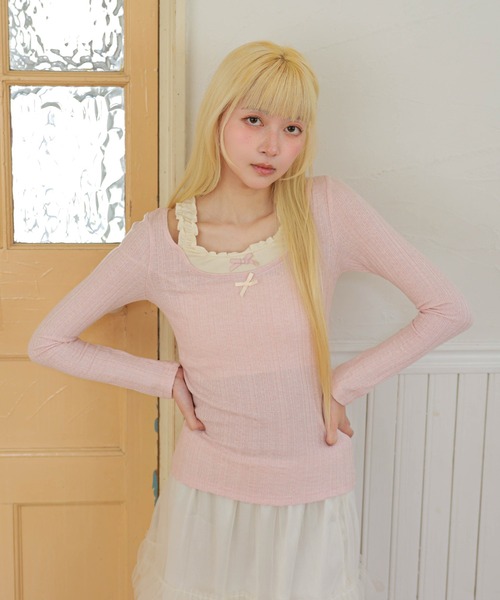 LiLIN(リリン)の「ダブル リボン フェイクレイヤード フリル プルオーバー(Tシャツ/カットソー・レディース・ブラウン/ピンク・FREE)」の10枚目の写真