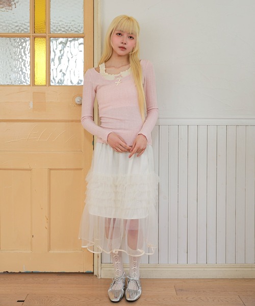 LiLIN(リリン)の「ダブル リボン フェイクレイヤード フリル プルオーバー(Tシャツ/カットソー・レディース・ブラウン/ピンク・FREE)」の4枚目の写真