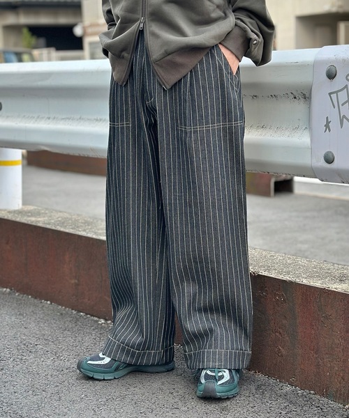 ストライプ&無地ベイカータックデニムワイドストレートパンツ（デニム