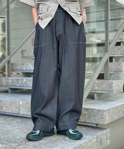 セール】ストライプ&無地ベイカータックデニムワイドストレートパンツ