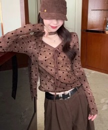 前身リボン Vネック トッド柄チョーカー付きロングスリーブトップス