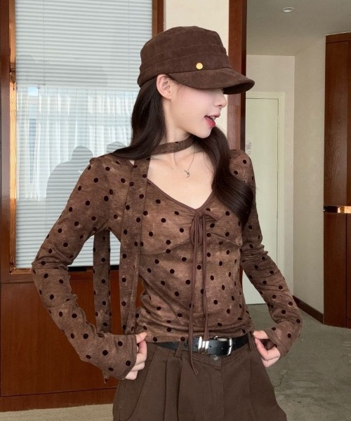 Ritzy（リッツィー）の「前身リボン Vネック トッド柄チョーカー付きロングスリーブトップス（Tシャツ/カットソー・レディース・ブラウン・L/M）」の12枚目の写真