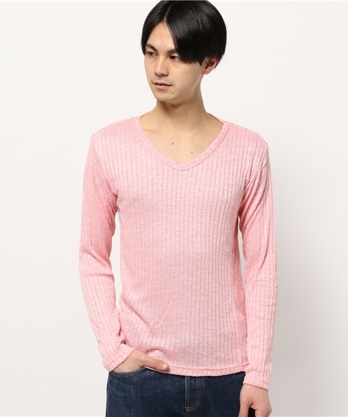 VIBGYOR(ヴィブジョー)の「針抜き天竺Vネックカットソー (RM)(Tシャツ/カットソー・メンズ・ブラック/ホワイト/サーモンピンク/ネイビー・LARGE/X-LARGE/MEDIUM)」の4枚目の写真