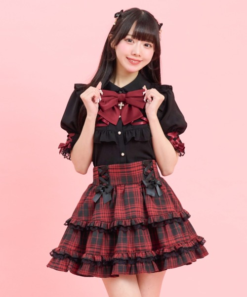 Secret Honey（シークレットハニー）の「ヨーク&カフスレースアップ半袖ブラウス（シャツ/ブラウス・レディース・オフホワイト/ブラック・MEDIUM）」の7枚目の写真