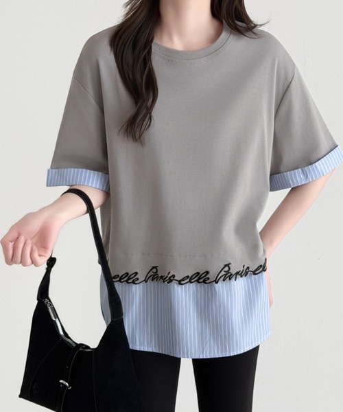ABITOKYO(アビトーキョー)の「ストライプ柄切替半袖Tシャツ(Tシャツ/カットソー・レディース・ブラック/ホワイト/グレー・FREE)」の3枚目の写真