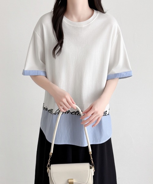 ABITOKYO(アビトーキョー)の「ストライプ柄切替半袖Tシャツ(Tシャツ/カットソー・レディース・ブラック/ホワイト/グレー・FREE)」の2枚目の写真