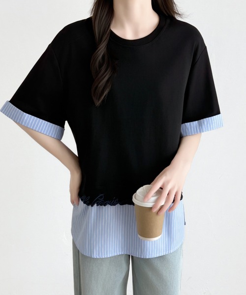 ABITOKYO(アビトーキョー)の「ストライプ柄切替半袖Tシャツ(Tシャツ/カットソー・レディース・ブラック/ホワイト/グレー・FREE)」の1枚目の写真