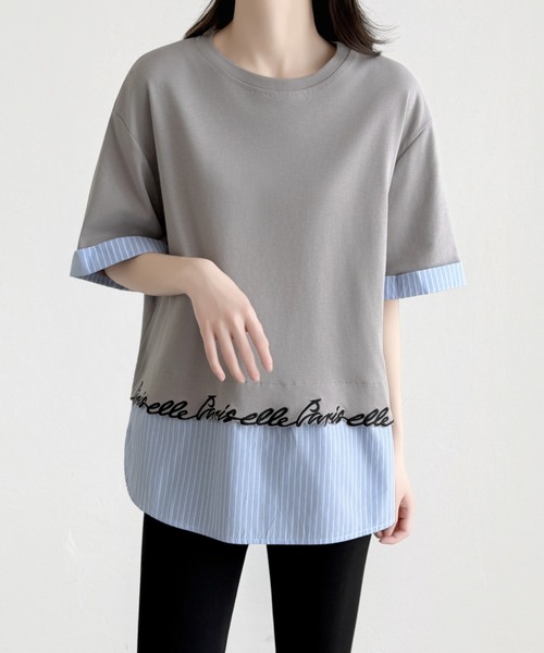 ABITOKYO(アビトーキョー)の「ストライプ柄切替半袖Tシャツ(Tシャツ/カットソー・レディース・ブラック/ホワイト/グレー・FREE)」の5枚目の写真