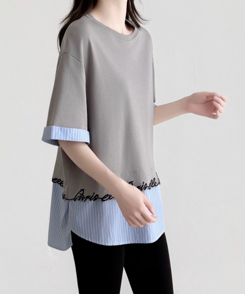 ABITOKYO(アビトーキョー)の「ストライプ柄切替半袖Tシャツ(Tシャツ/カットソー・レディース・ブラック/ホワイト/グレー・FREE)」の6枚目の写真