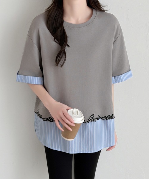 ABITOKYO(アビトーキョー)の「ストライプ柄切替半袖Tシャツ(Tシャツ/カットソー・レディース・ブラック/ホワイト/グレー・FREE)」の10枚目の写真