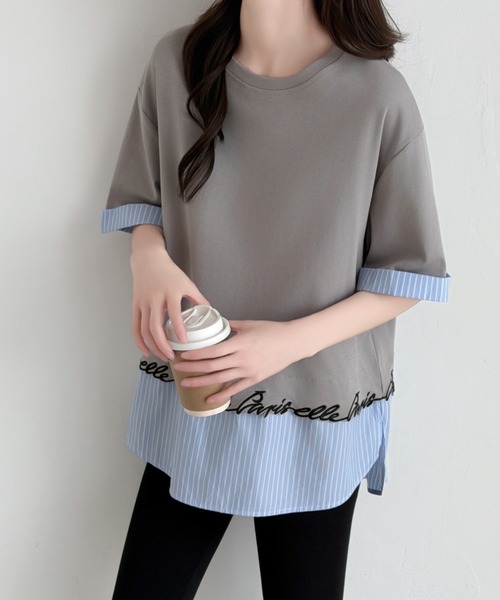 ABITOKYO(アビトーキョー)の「ストライプ柄切替半袖Tシャツ(Tシャツ/カットソー・レディース・ブラック/ホワイト/グレー・FREE)」の12枚目の写真