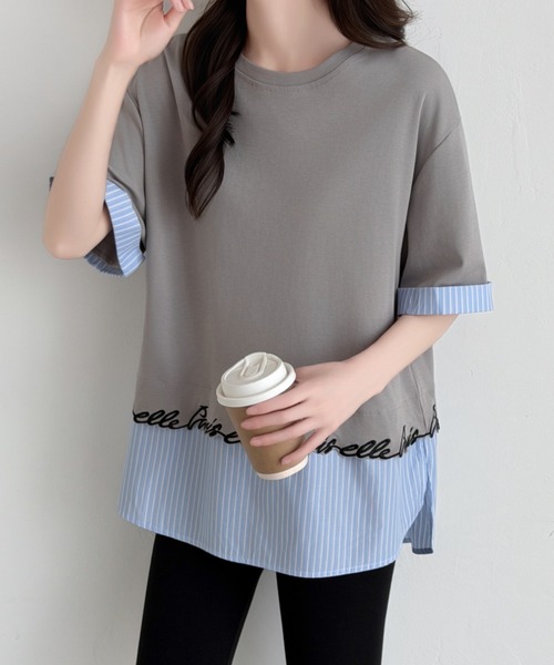 ABITOKYO(アビトーキョー)の「ストライプ柄切替半袖Tシャツ(Tシャツ/カットソー・レディース・ブラック/ホワイト/グレー・FREE)」の13枚目の写真