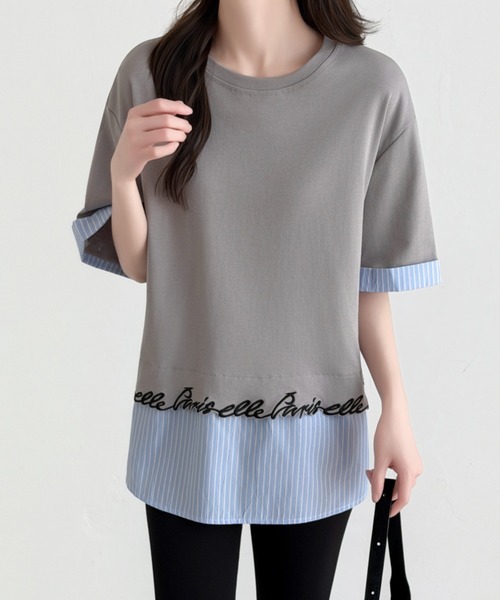 ABITOKYO(アビトーキョー)の「ストライプ柄切替半袖Tシャツ(Tシャツ/カットソー・レディース・ブラック/ホワイト/グレー・FREE)」の7枚目の写真