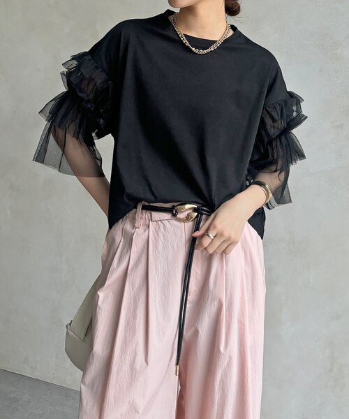 DouDou(ドゥドゥ)の「【WEB限定】チュールフリルスリーブTEE(Tシャツ/カットソー・レディース・チャコールグレー/オフホワイト/ブラック・FREE)」の22枚目の写真