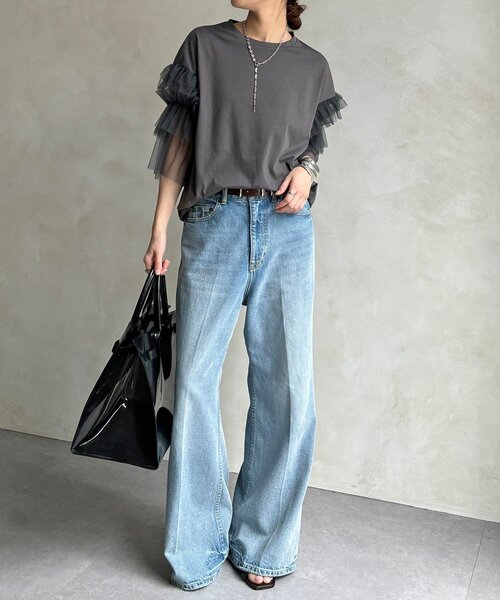 DouDou(ドゥドゥ)の「【WEB限定】チュールフリルスリーブTEE(Tシャツ/カットソー・レディース・チャコールグレー/オフホワイト/ブラック・FREE)」の18枚目の写真