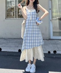 チェック柄 レース切替 キャミソールワンピース