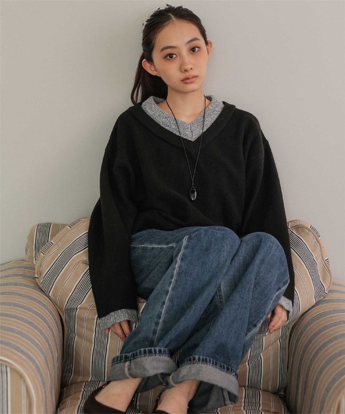 miette(ミエット)の「ダブルカラーVネックニットプルオーバー(ニット/セーター・レディース・ブラック/ライトグレー/チャコール・FREE)」の7枚目の写真