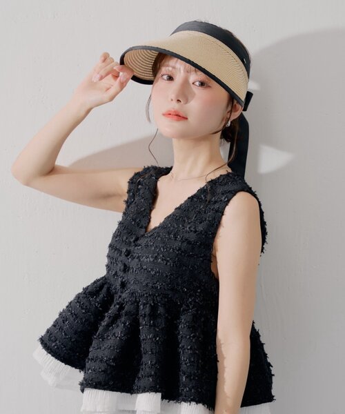 Chico(チコ)の「【SALON by Chico】バックリボンジュートサンバイザー(キャップ・レディース・アイボリー/ブラック・FREE)」の2枚目の写真