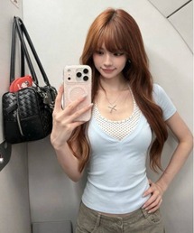 【Y2Kガーリー】 ドット柄ホルターネックレイヤード風Tシャツ