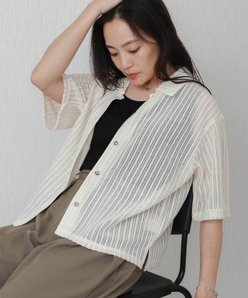 libelle more(リベル モア)の「メッシュニットポロカラーカーディガン(カーディガン/ボレロ・レディース・ホワイト系その他/ブラック/アイボリー・L/M)」の1枚目の写真