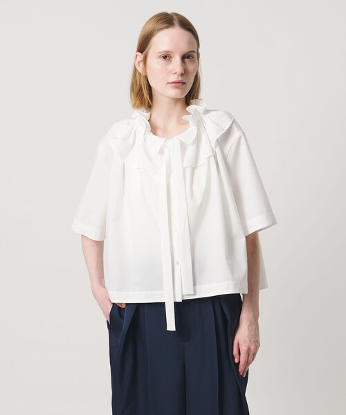 AEWEN MATOPH(イウエン マトフ)の「<AEWEN MATOPH>ギャザー リボン ショートスリーブ ブラウス ウォッシャブル(シャツ/ブラウス・レディース・ネイビー/ベージュ/ホワイト・FREE)」の4枚目の写真