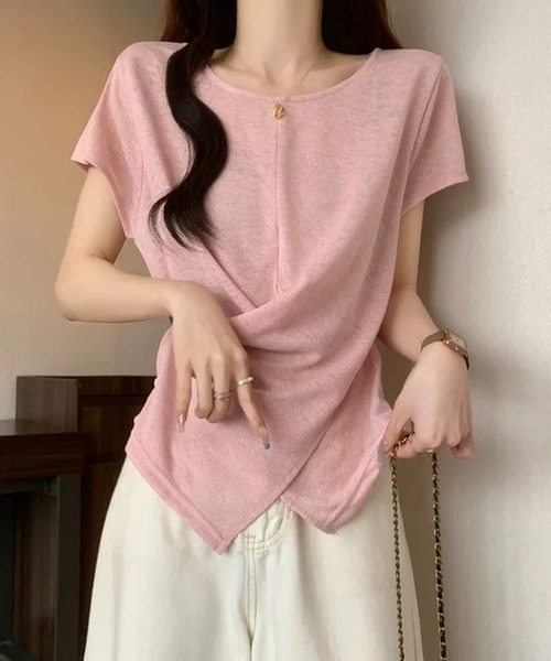 LAFFMO(ラフモ)の「サイドボタンカシュクール半袖シアーカットソー(Tシャツ/カットソー・レディース・ピンク/ホワイト/ライトブルー・F)」の3枚目の写真