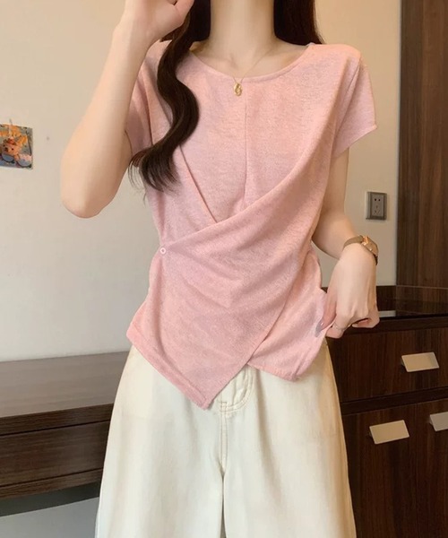 LAFFMO(ラフモ)の「サイドボタンカシュクール半袖シアーカットソー(Tシャツ/カットソー・レディース・ピンク/ホワイト/ライトブルー・F)」の7枚目の写真