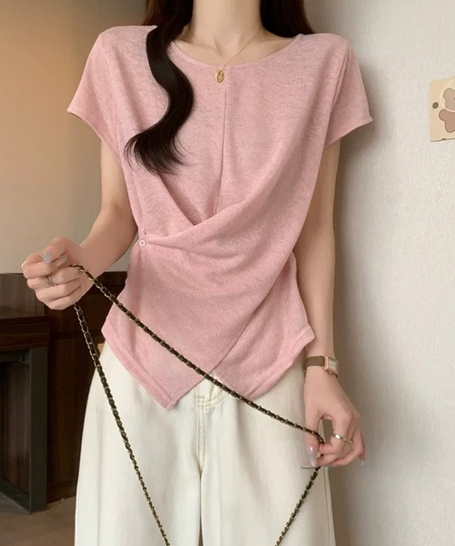 LAFFMO(ラフモ)の「サイドボタンカシュクール半袖シアーカットソー(Tシャツ/カットソー・レディース・ピンク/ホワイト/ライトブルー・F)」の8枚目の写真