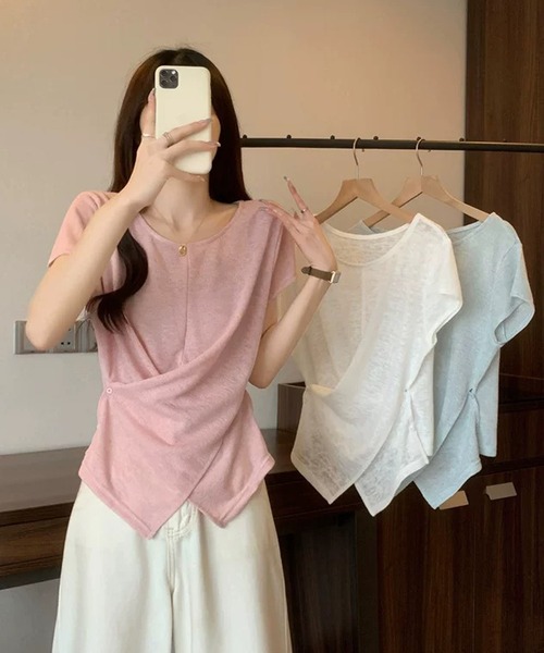 LAFFMO(ラフモ)の「サイドボタンカシュクール半袖シアーカットソー(Tシャツ/カットソー・レディース・ピンク/ホワイト/ライトブルー・F)」の19枚目の写真