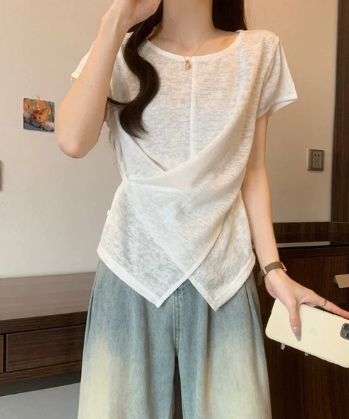 LAFFMO(ラフモ)の「サイドボタンカシュクール半袖シアーカットソー(Tシャツ/カットソー・レディース・ピンク/ホワイト/ライトブルー・F)」の12枚目の写真