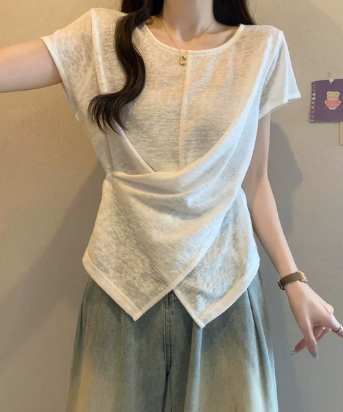 LAFFMO(ラフモ)の「サイドボタンカシュクール半袖シアーカットソー(Tシャツ/カットソー・レディース・ピンク/ホワイト/ライトブルー・F)」の13枚目の写真
