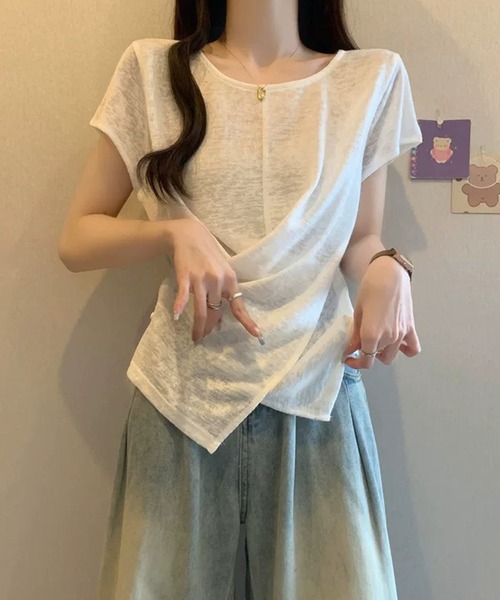 LAFFMO(ラフモ)の「サイドボタンカシュクール半袖シアーカットソー(Tシャツ/カットソー・レディース・ピンク/ホワイト/ライトブルー・F)」の14枚目の写真
