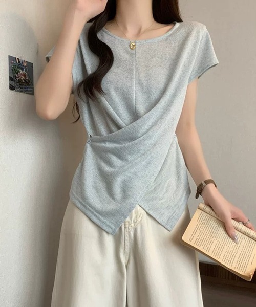 LAFFMO(ラフモ)の「サイドボタンカシュクール半袖シアーカットソー(Tシャツ/カットソー・レディース・ピンク/ホワイト/ライトブルー・F)」の4枚目の写真